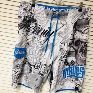 Maui & Sons Board Shorts 34 Skull Swim Surf 35 x 11 Polyester Pocket Abstract